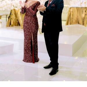 Mac Duggal Sequin Long Sleeve Slit Column Gown,Crushed Berry